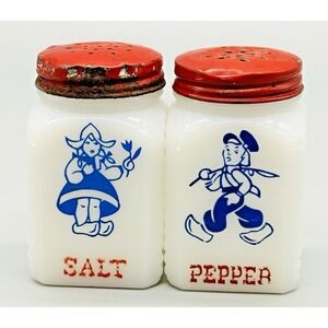 Hazel Atlas White Milk Glass Dutch Scene Salt Pepper Shakers Red Vintage